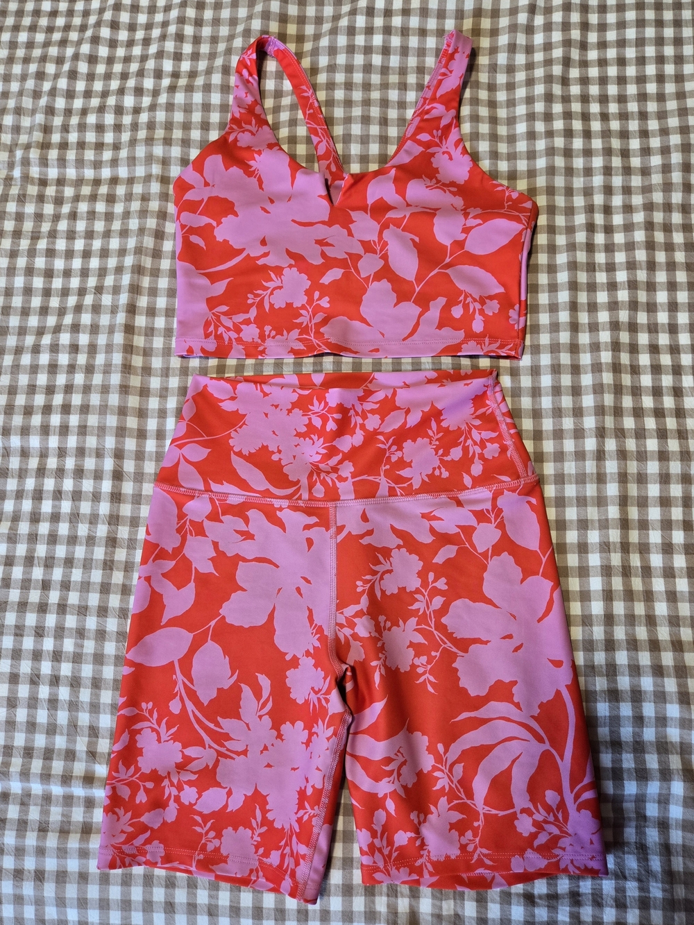 Sage Collective pink + red floral two piece set, high rise biker shorts, medium